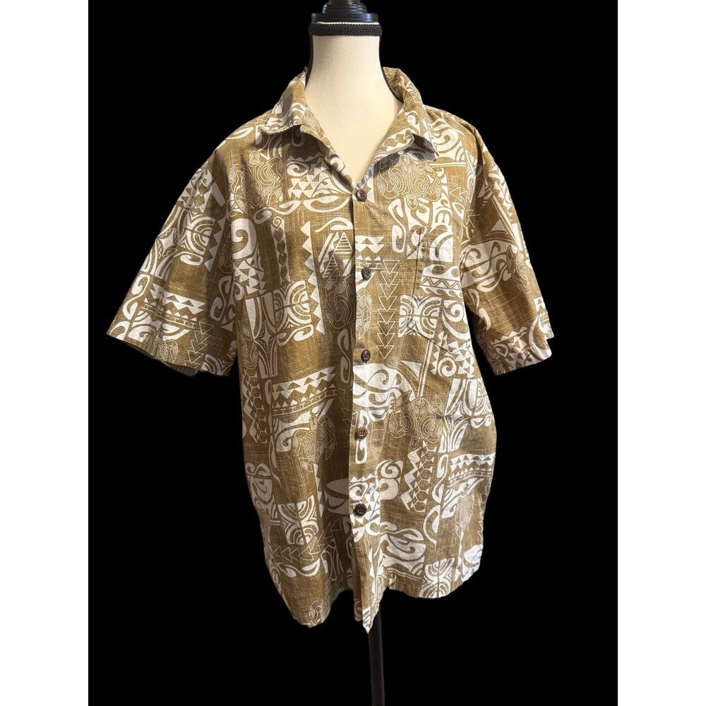 Vtg Aloha Men’s Shirt Tan & White Tapa Pattern